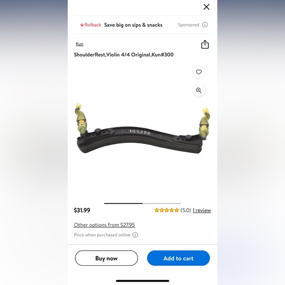 Kun 1/4 - 1/8 Violin Shoulder Rest - Picture 6 of 7